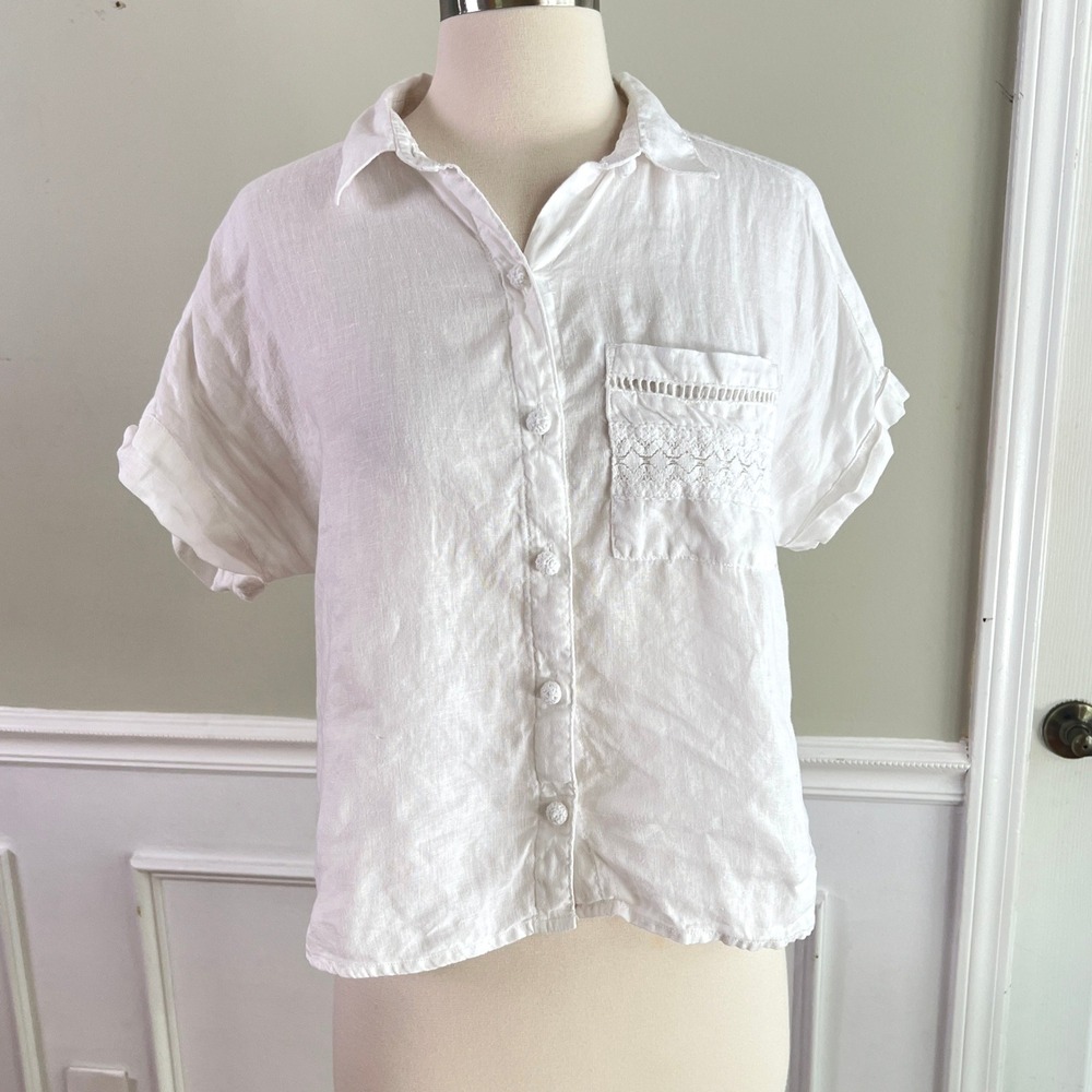 Joie Linen Button Down Shirt S Womens Lace Pocket Short Sleeve White Coastal